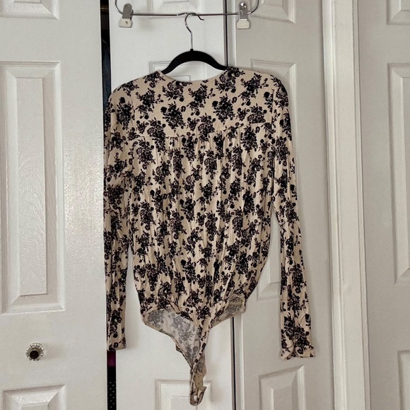 Free People Cross Front Black & Tan Floral Bodysuit - Picture 4 of 5
